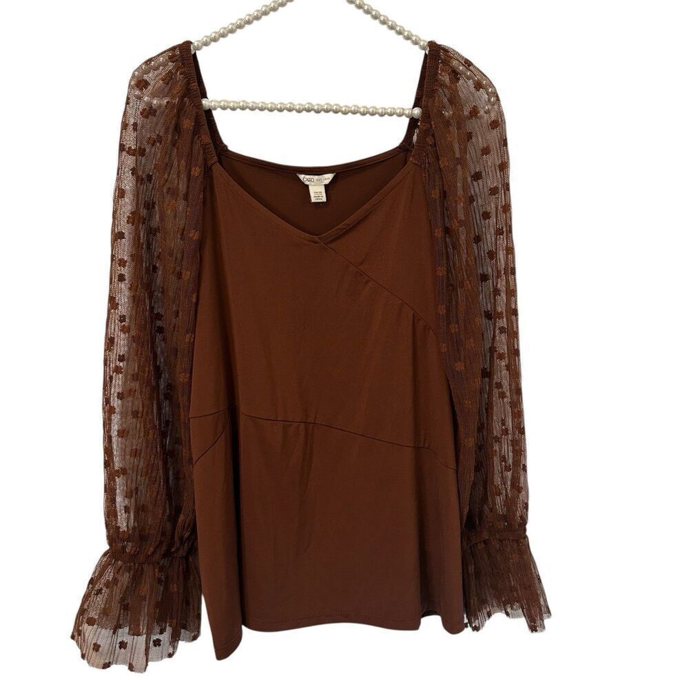 Cato Top Womens 14 16 Brown Mesh Embroidered Puff Sleeves Boho Hippie Fairy